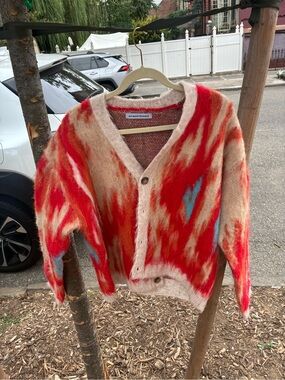 No Maintenance Mohair-Blend Fuzzy Cardigan in Red & Beige